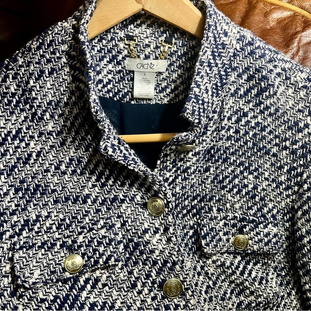 Cache Nautical Navy and White Tweed Jacket Size 6